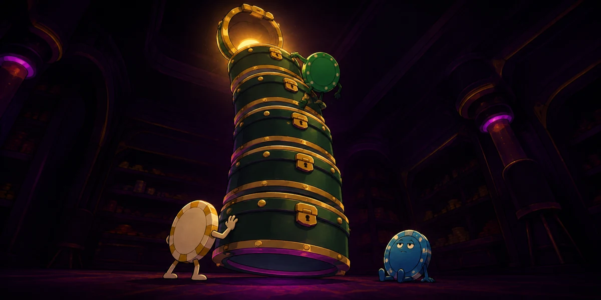 Turm aus Tresorkisten im Gewoelbe, ein Spielchip klettert hinauf